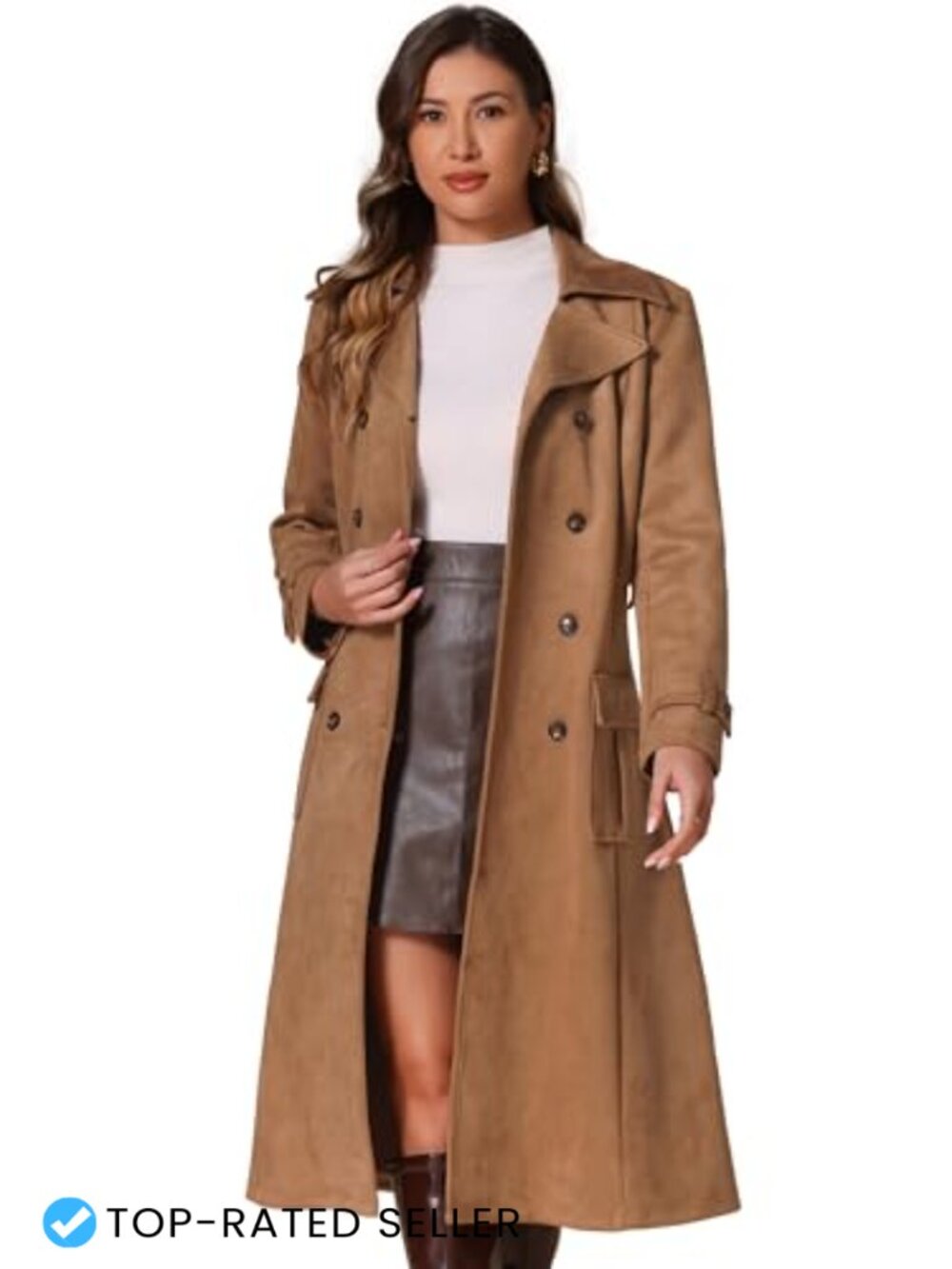 Faux Suede Trench Coat Notch Lapel Double Breasted Long Winter Jacket